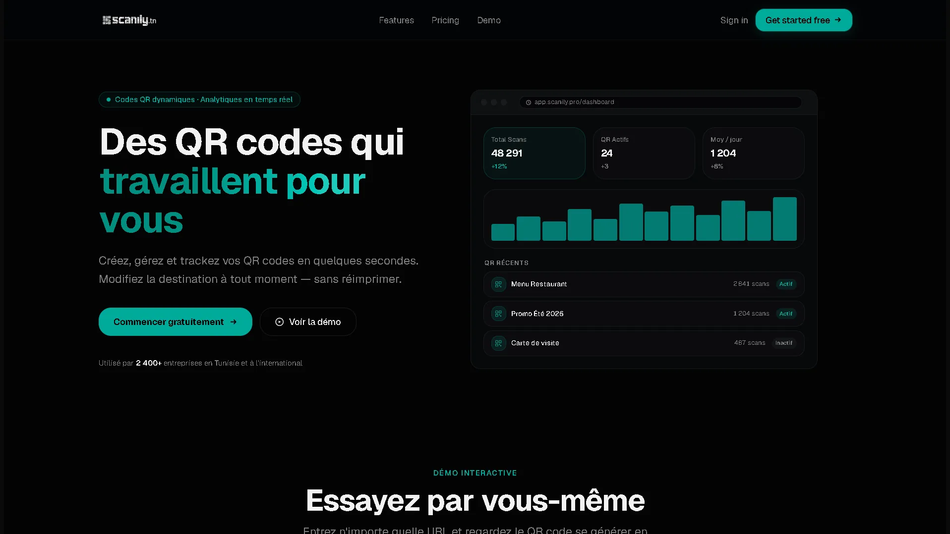 Page d'accueil de Scanily.tn : le titre « Des QR codes qui travaillent pour vous » et un aperçu du tableau de bord.