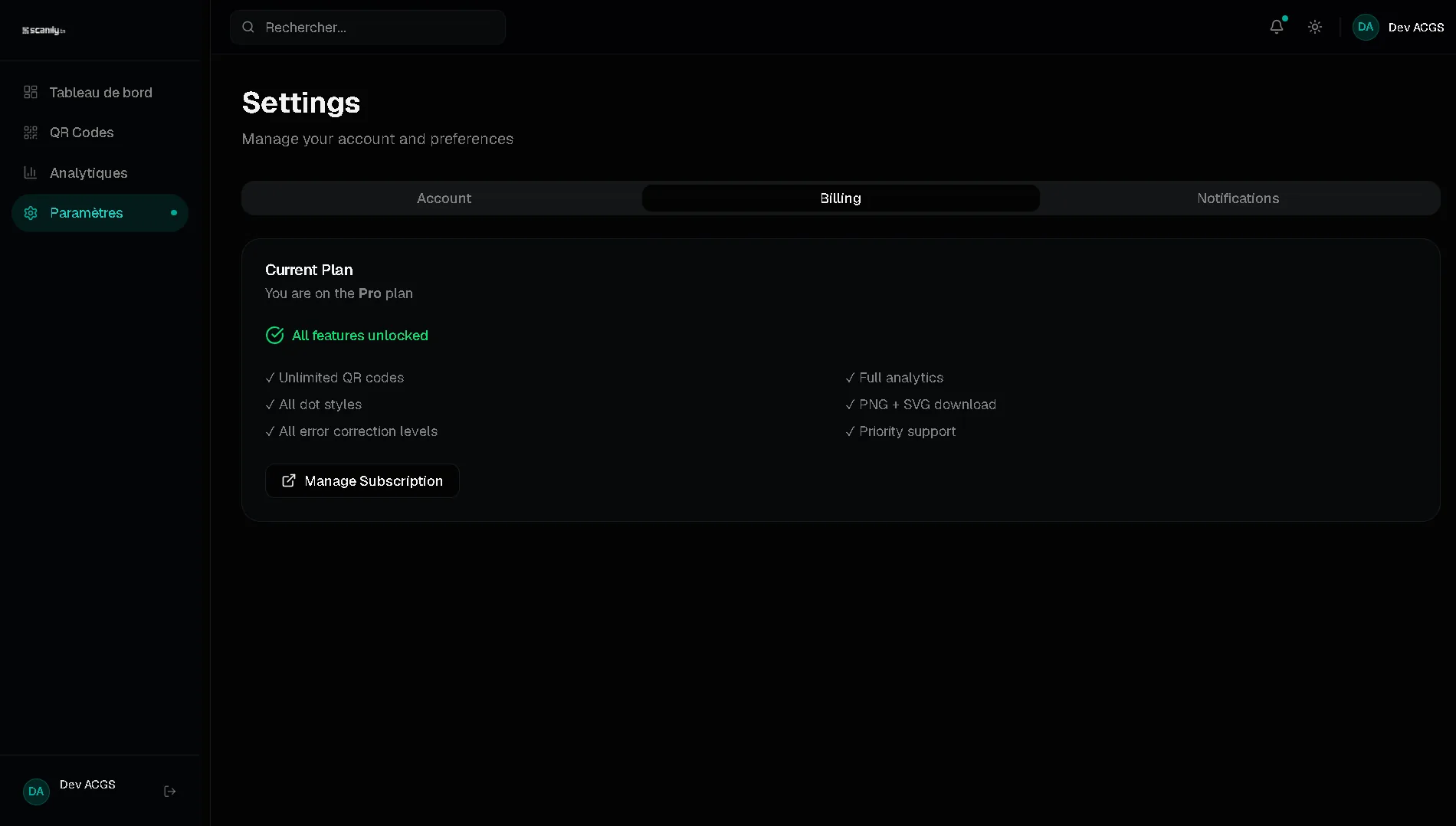 Onglet Facturation : formule Pro active, liste des fonctionnalités débloquées, accès au portail d'abonnement.