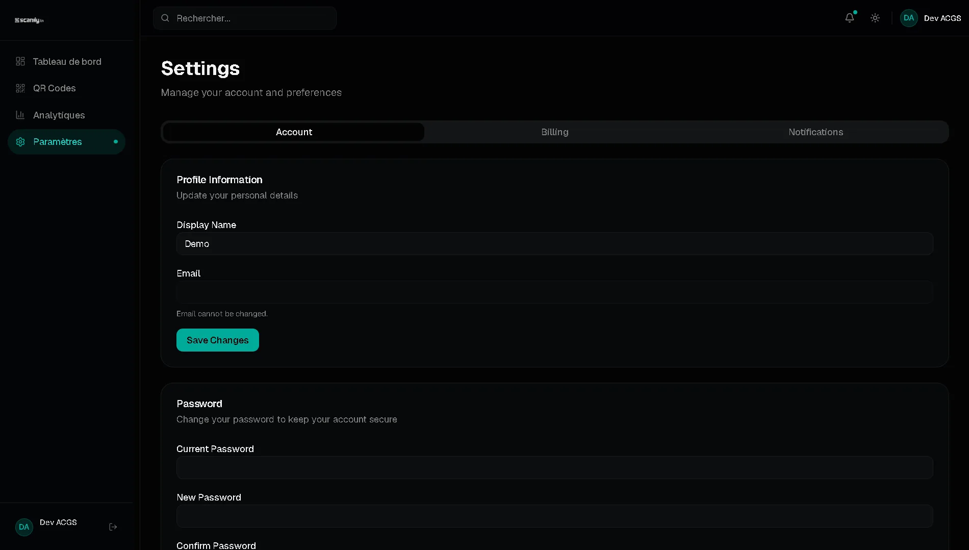 Onglet Compte : nom affiché, adresse de connexion non modifiable, formulaire de changement de mot de passe.