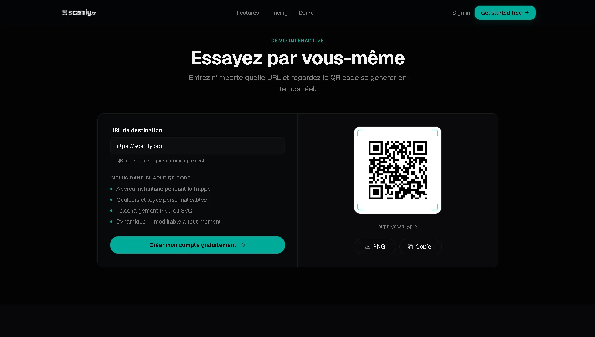 Générateur de la page publique : un champ d'URL à gauche, le QR code correspondant à droite, avec téléchargement en PNG.