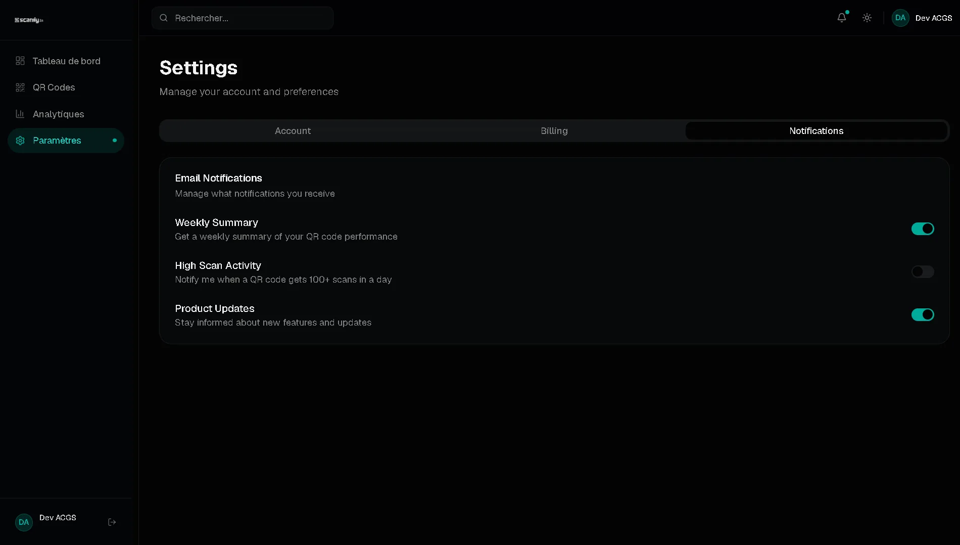Onglet Notifications : résumé hebdomadaire, alerte de forte activité, nouveautés produit.