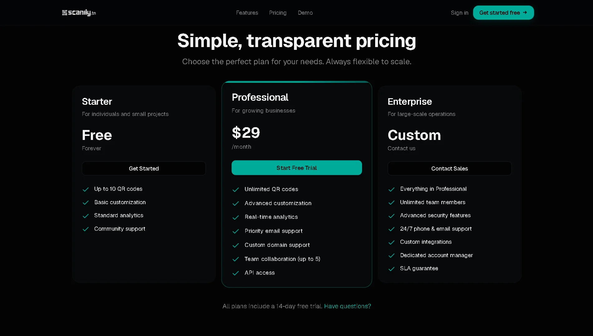 Grille tarifaire de Scanily.tn : Starter gratuit, Professional à 29 $ par mois, Enterprise sur devis.